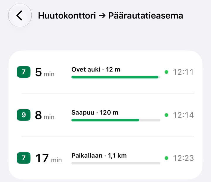 Route view in the app: the next three trams, departure times and how close each tram is, live