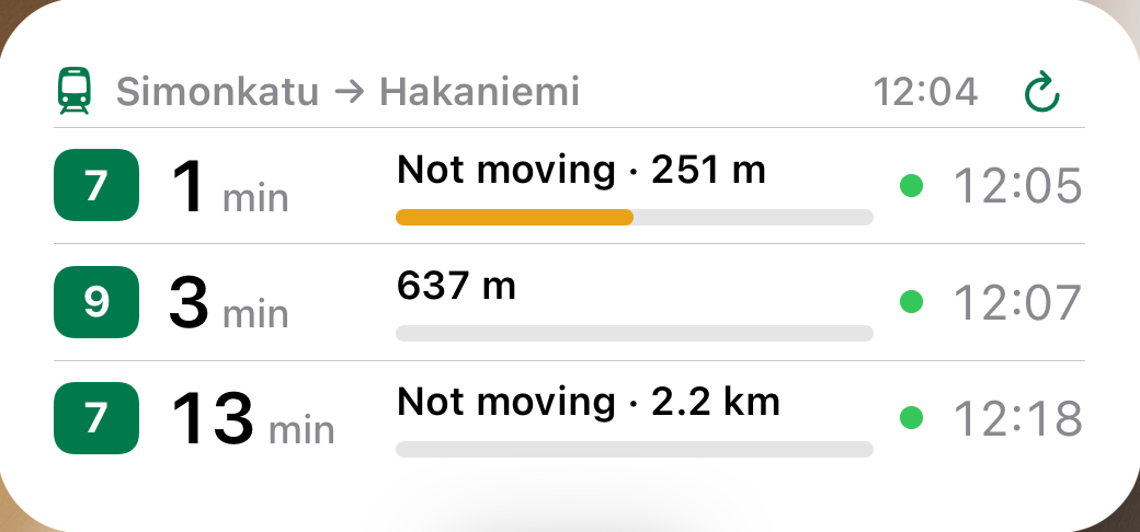 Widget kotinäytöllä: kolme seuraavaa ratikkaa ja kuinka lähellä ne ovat